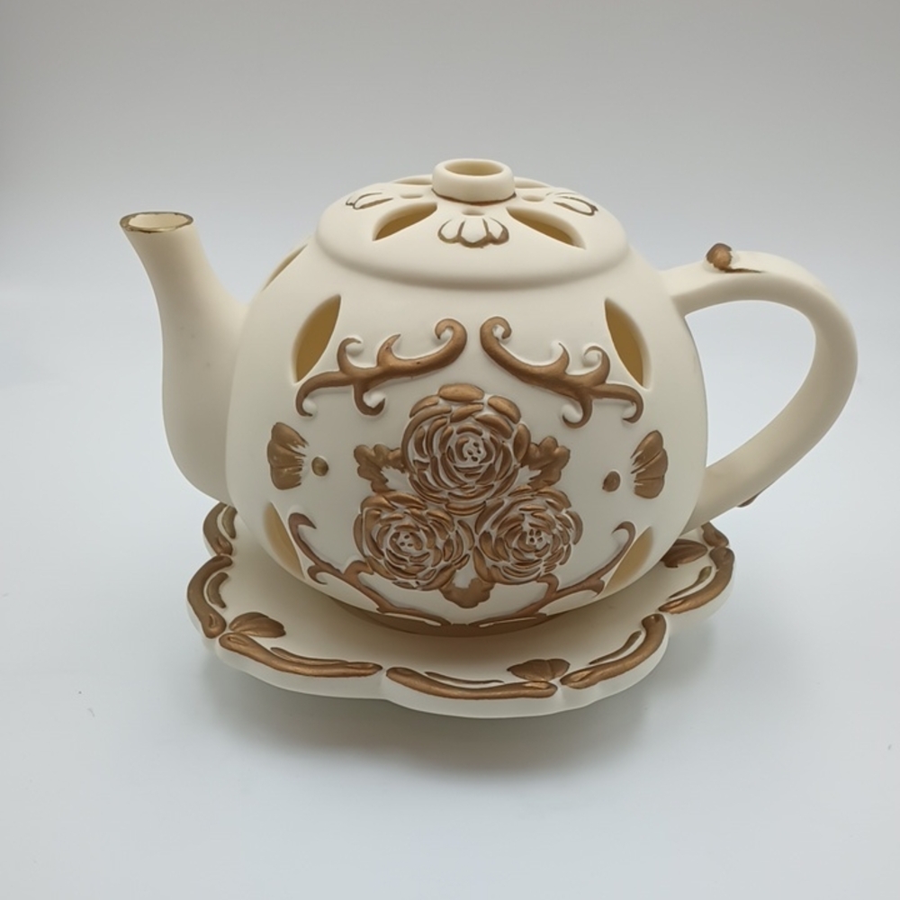 PartyLite Cream & Gold Teapot & Saucer Vintage Retro Romantic Feminine